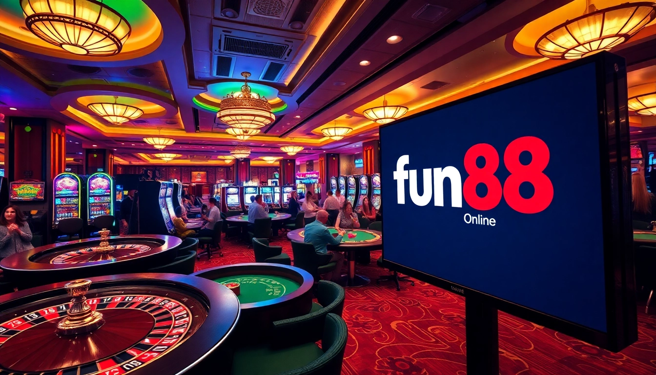Experience thrilling games at fun88 in a vibrant casino with poker tables and roulette wheels.
