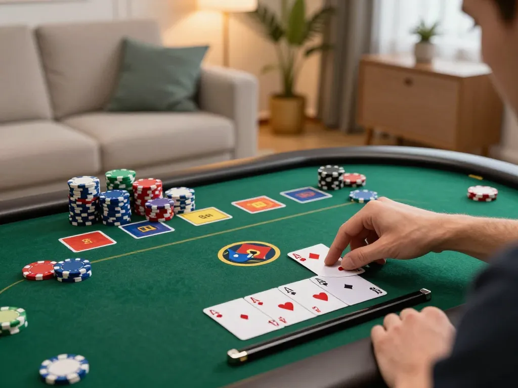 Player enjoying Go8 online poker, engaging with a colorful game interface in a cozy living room.