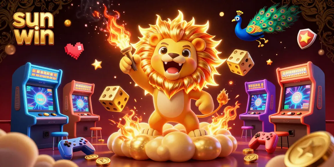 Win big at Sun Win with a vibrant 3D casino scene featuring a roaring lion and golden dice.