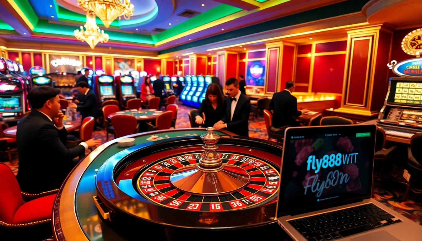 Experience the thrill of online gambling at https://fly88.wtf/ with luxurious casino visuals featuring roulette and poker.