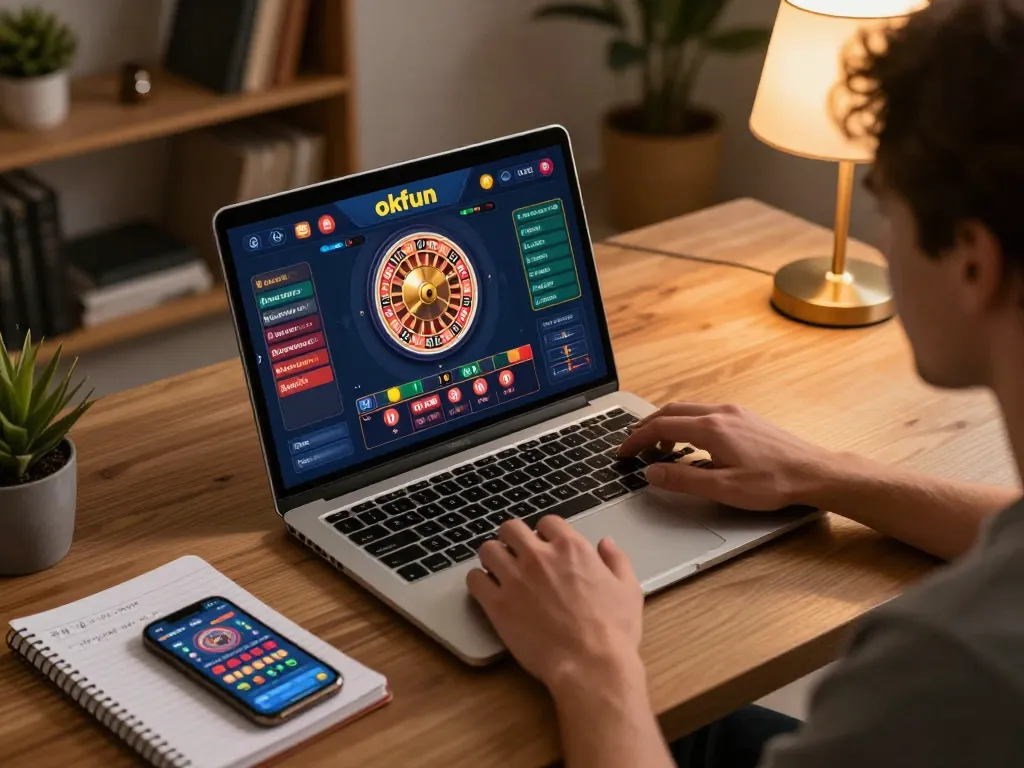 Engaging with the okfun platform for an online gambling game in a cozy setting.