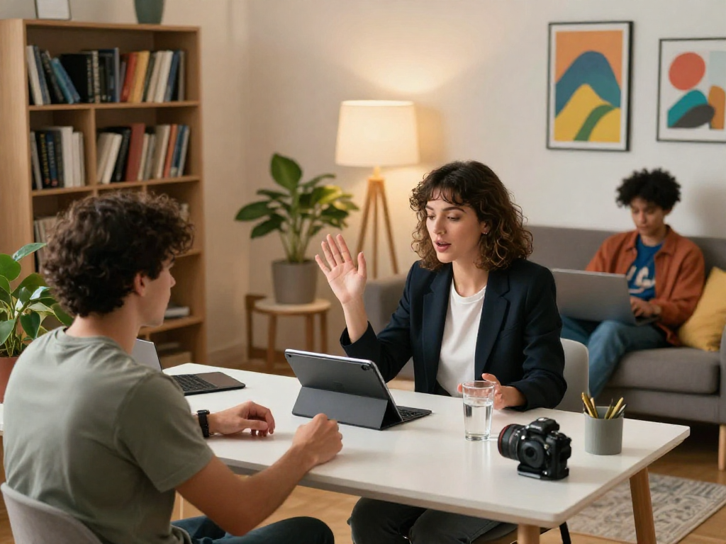 Dynamic virtual interaction showcasing ai chat porn with diverse individuals in engaging discussion in a modern home office.