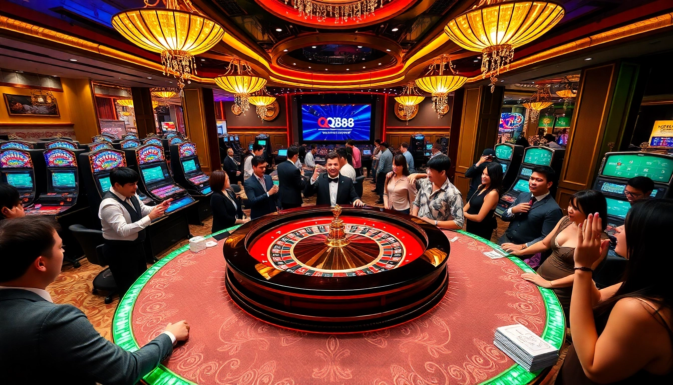 Engage with the thrilling atmosphere of Nhà Cái QQ88's luxurious casino scene filled with excitement and vibrant gaming.