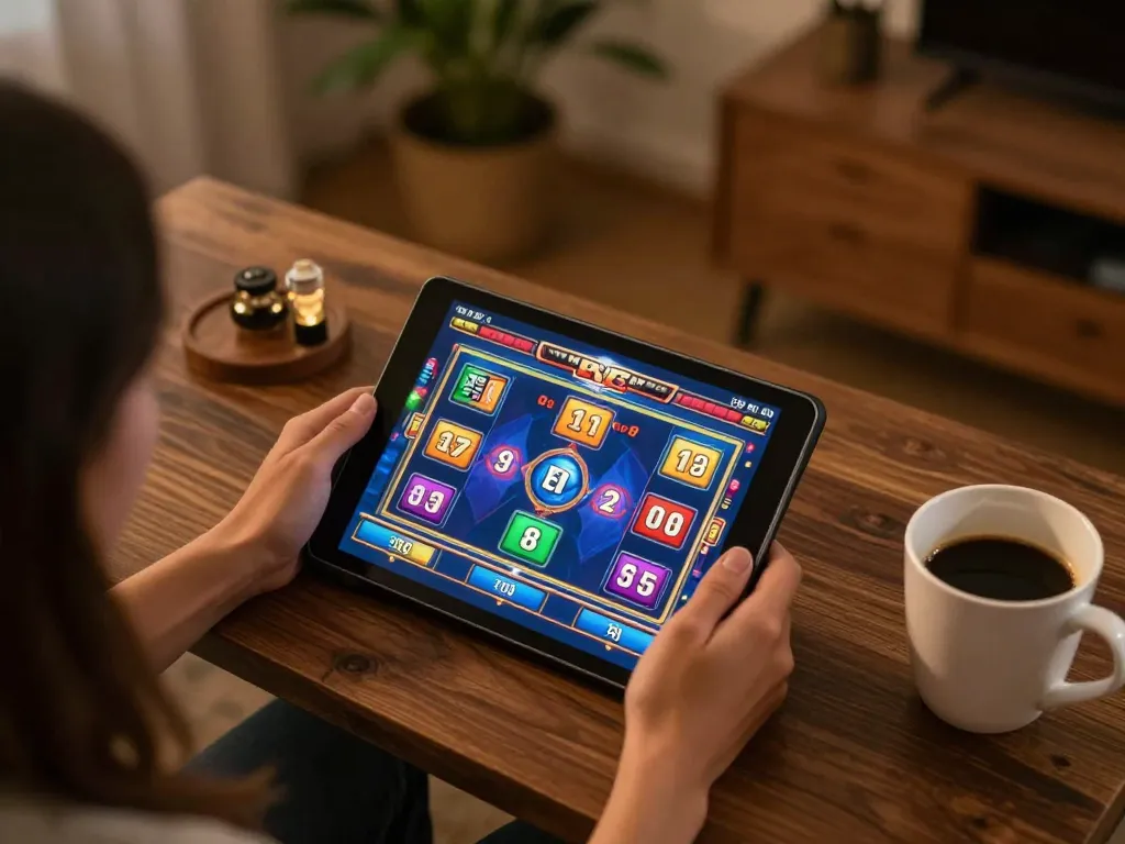 Engaging online gaming moment on https://www.atqvn.com/ showing vibrant slots on tablet.