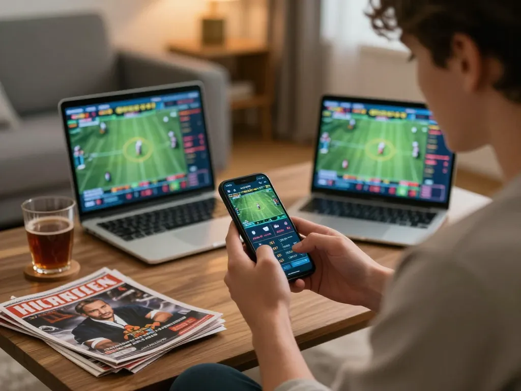 N88 user engaging with a sports betting app, showcasing mobile gambling action in a cozy home setting.