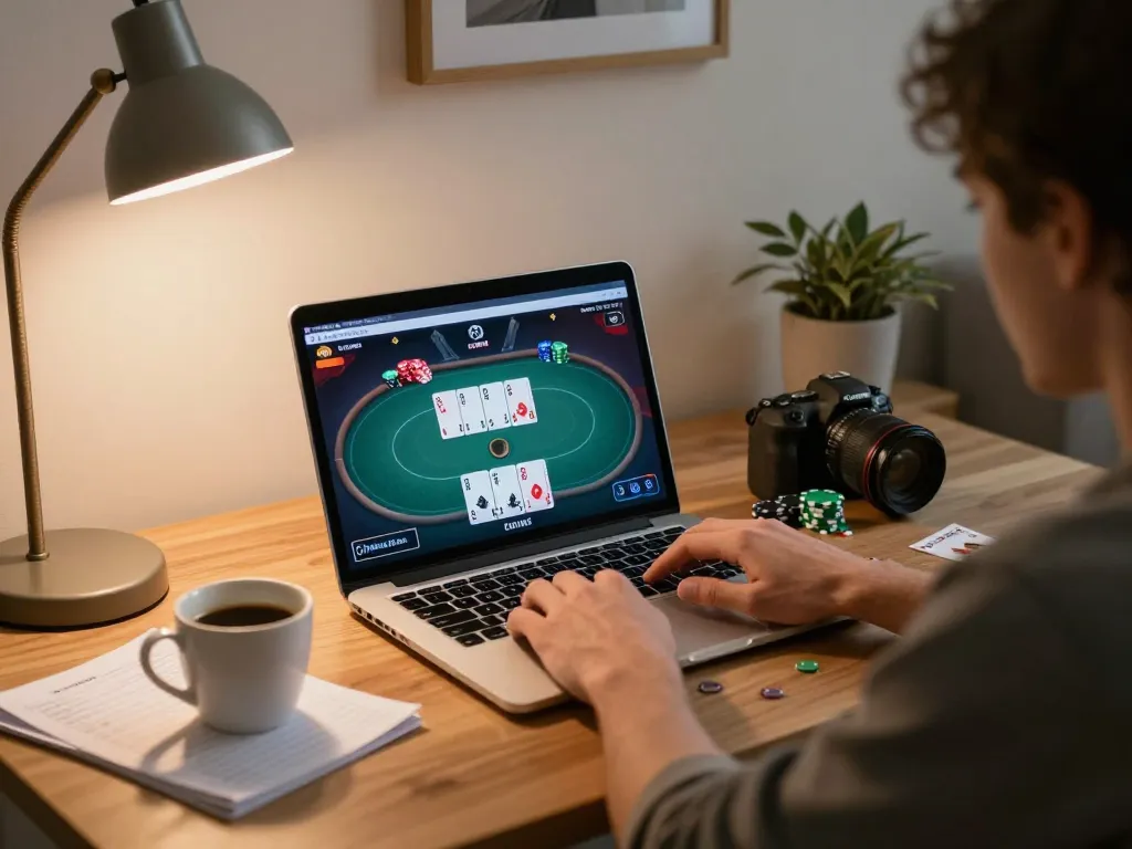 Engaging in online poker gameplay at home with MAX88 platform, showcasing strategic focus and comfortable setting.