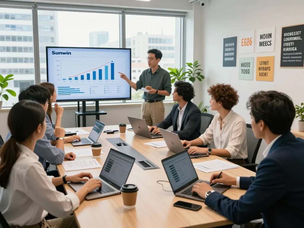 Business professionals discussing growth strategies for Sunwin in a modern office.
