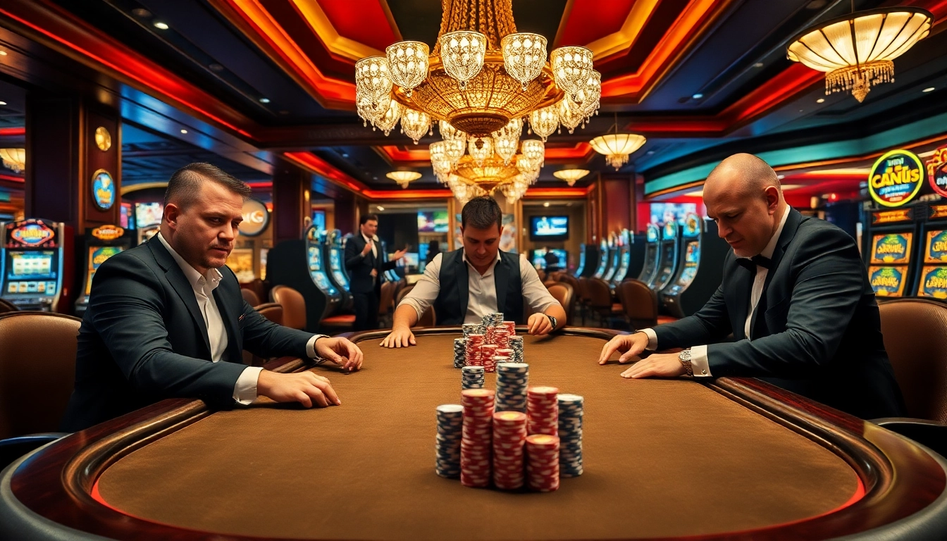 Poker players strategizing at a high-stakes table in a luxurious casino, emphasizing Alo789 Link.