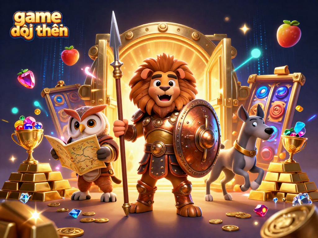 Engage in game đổi thưởng with thrilling 3D characters in a vibrant casino scene filled with riches.
