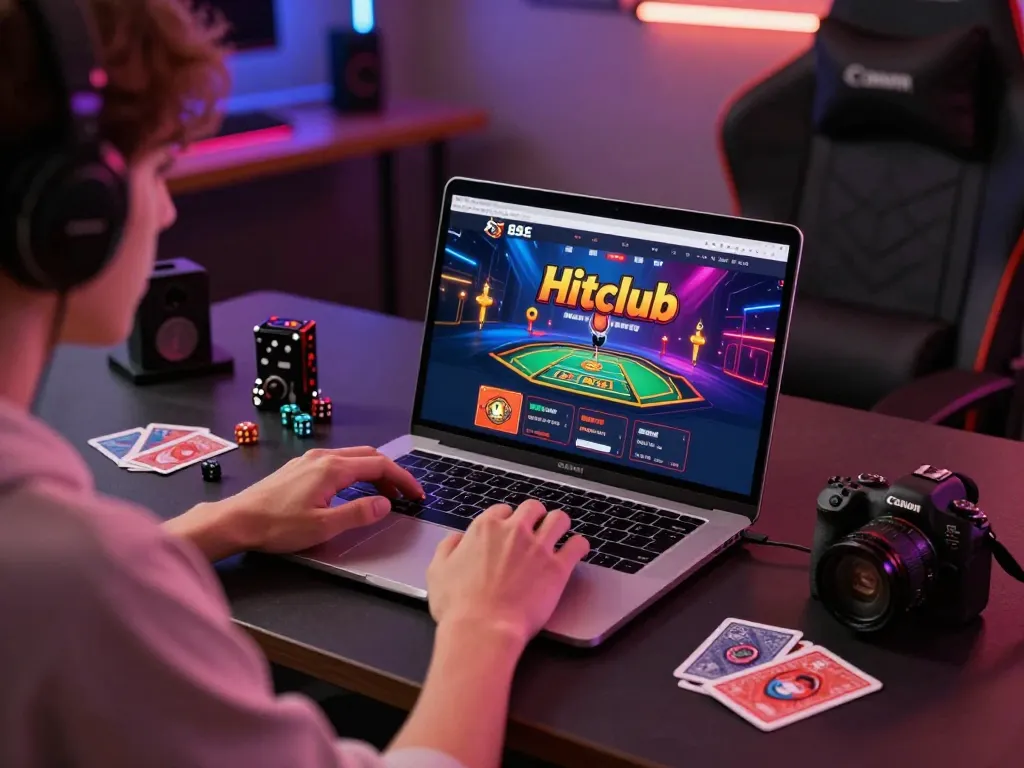 Hitclub gaming user engaged with vibrant interface on laptop in cozy setup.