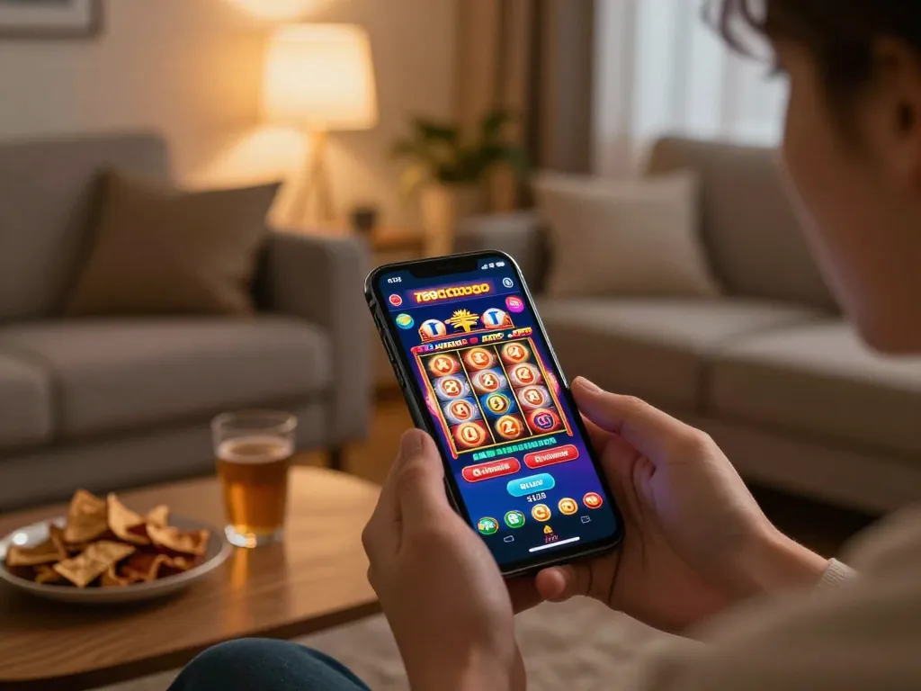 Engaging moment with a player enjoying the 789clubgo mobile casino app on a smartphone, showcasing vibrant slot gameplay.