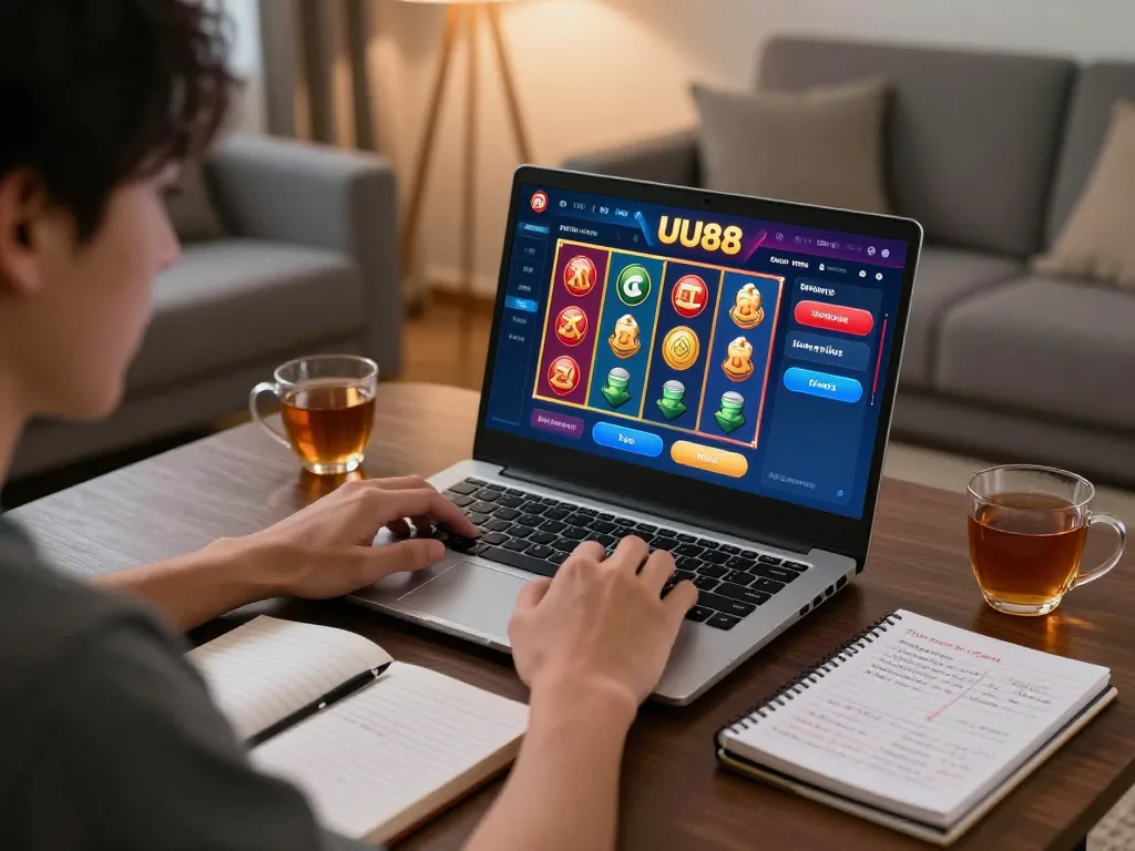 UU88 player enjoying online slots in cozy living room, showcasing strategic gaming atmosphere.