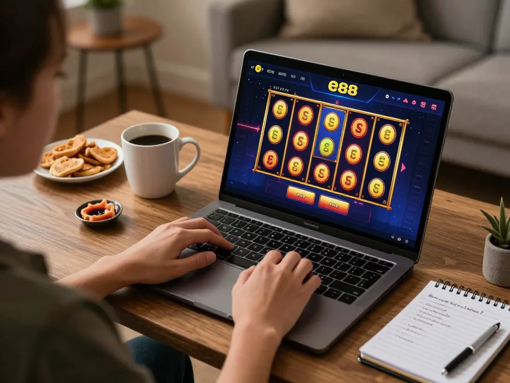 Player engaging with ee88 online casino for a thrilling slot game session at home