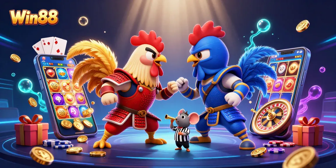 Win88 showcases a thrilling standoff between fighting roosters, highlighting casino excitement.