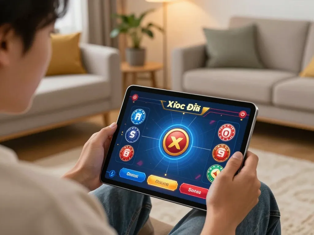 Xóc Đĩa Online gameplay displayed on a tablet in a cozy living room, illustrating responsible gaming strategies.