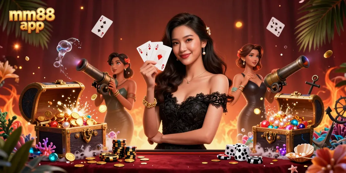 Experience the mm88 app with a glamorous Asian woman holding ace cards in a vibrant casino.