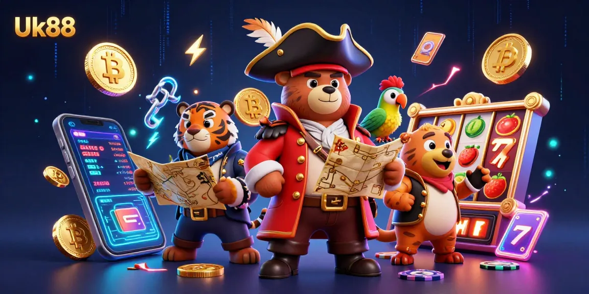 Engage in thrilling slots excitement with Uk88 in a vibrant 3D casino scene.