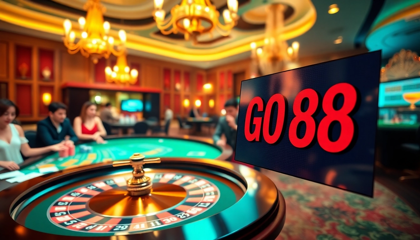 Excited players at GO 88 casino table enjoying thrilling games and vibrant atmosphere.
