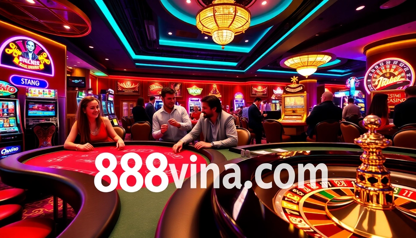 A vibrant casino scene showcasing players engaged in games at 888vina.com, featuring poker tables and slot machines.