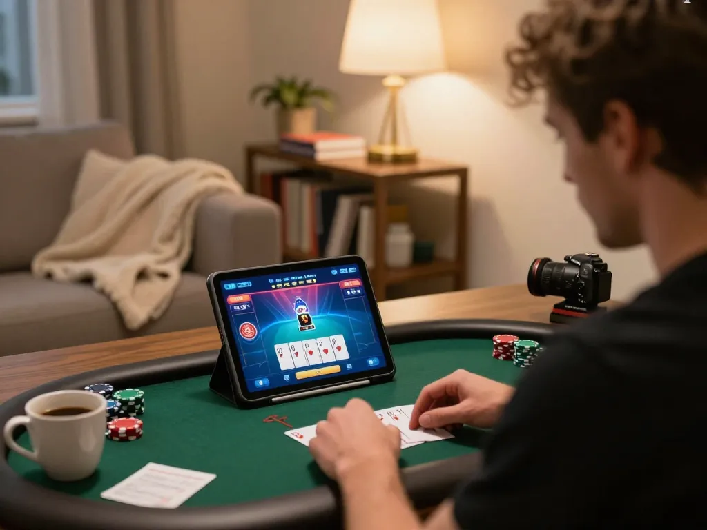 Play poker at home on a tablet with 68gamebaivn in a cozy setting, showcasing strategic gameplay.