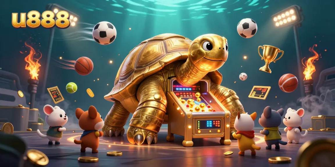 Experience exhilarating gameplay with u888's golden tortoise pinball machine surrounded by dynamic sports elements.