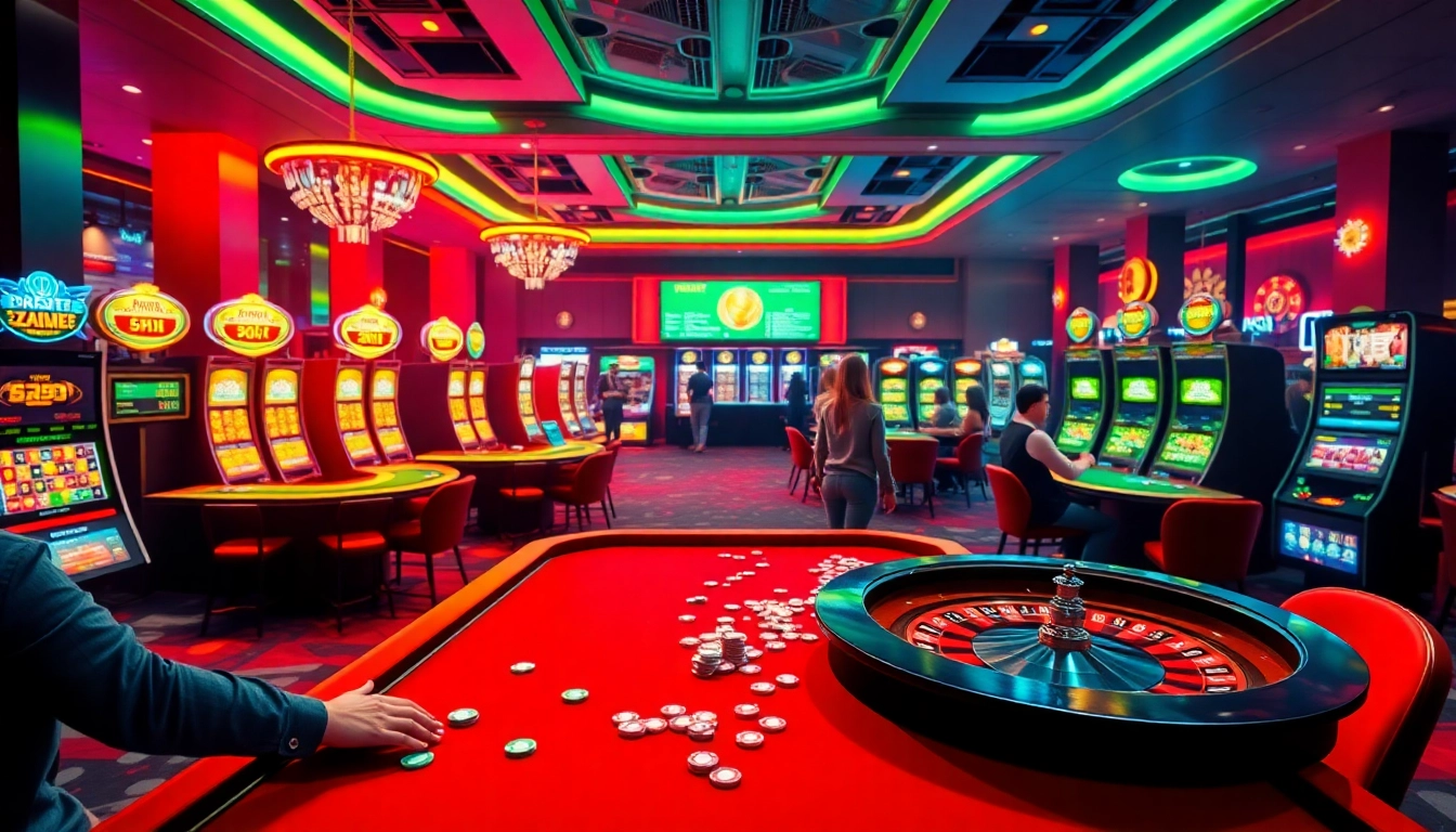 Visualize a lively casino scene featuring games at https://xx88.day/, complete with colorful slot machines and poker tables.