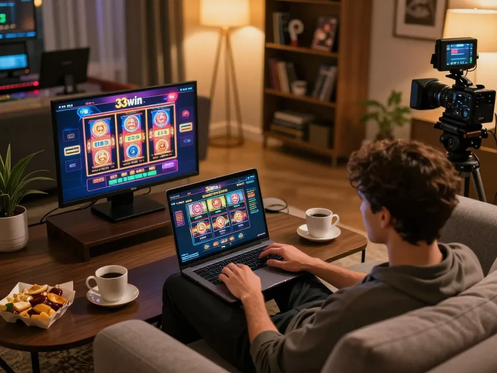 Player engaging with 33win online casino on laptop in cozy home setting