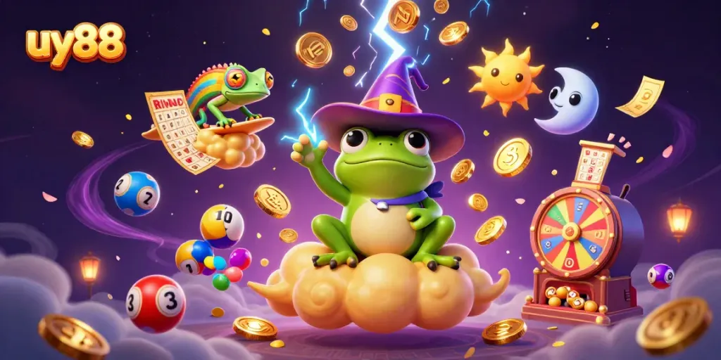 Experience the thrill of uy88 with golden coins and vibrant characters amidst a magical casino scene.
