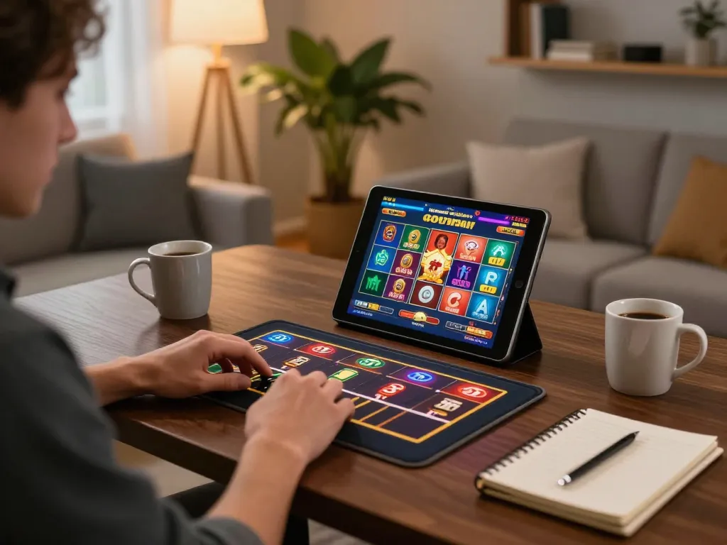 Player enjoying online gameplay on tablet while exploring 98win01 casino options in a cozy home