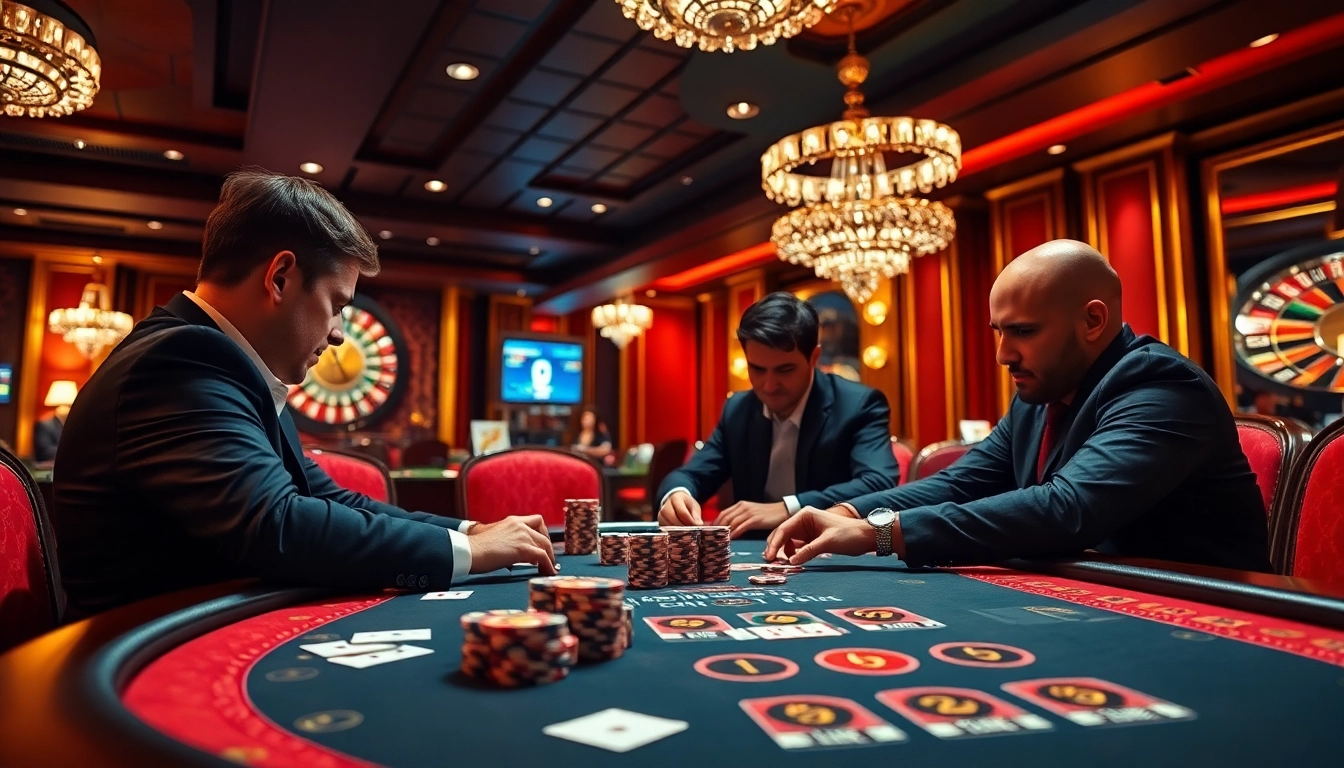 Engage in high-stakes poker at https://luongsontv5.com/ showcasing excitement and strategy in a luxurious casino.