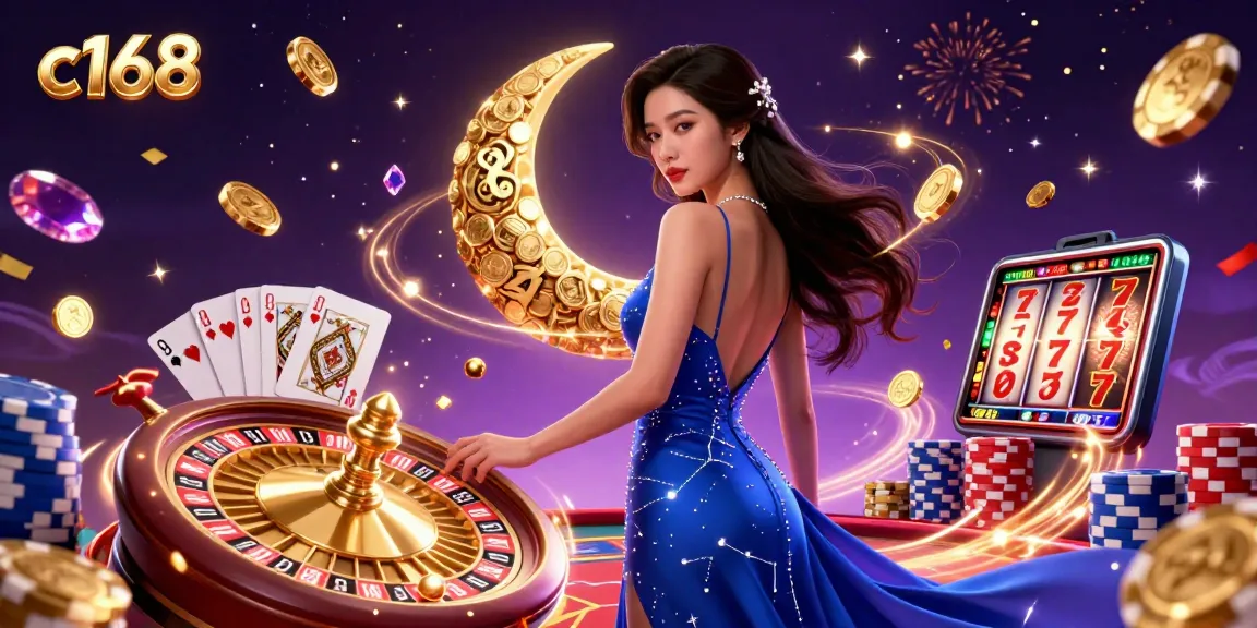 Engage with c168's thrilling casino experience featuring an elegant Asian woman amidst dazzling games and golden coins.