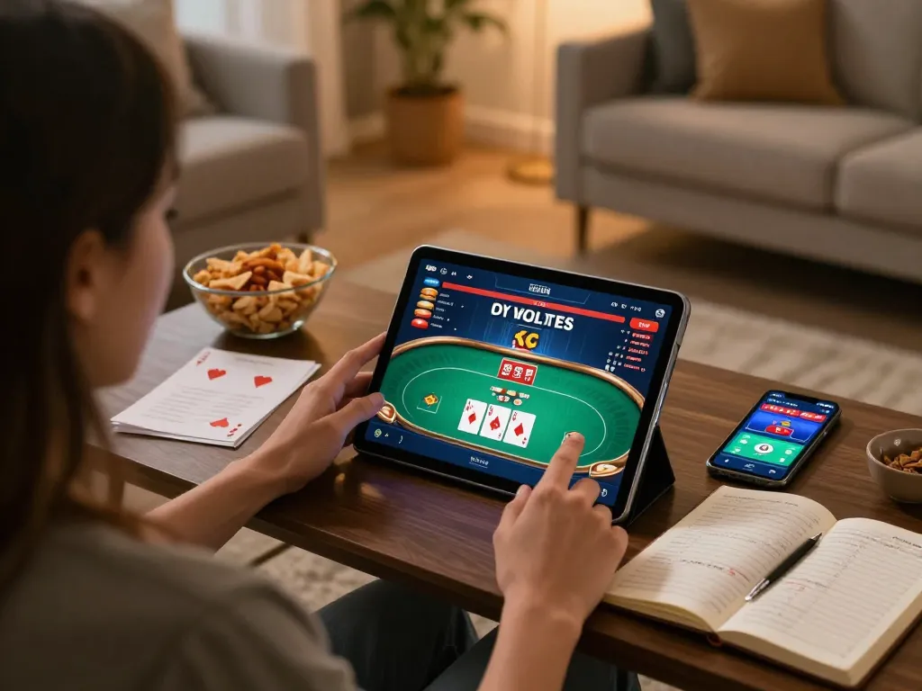 Player enjoying online poker on a tablet while using sunwin casino app in a cozy living room.