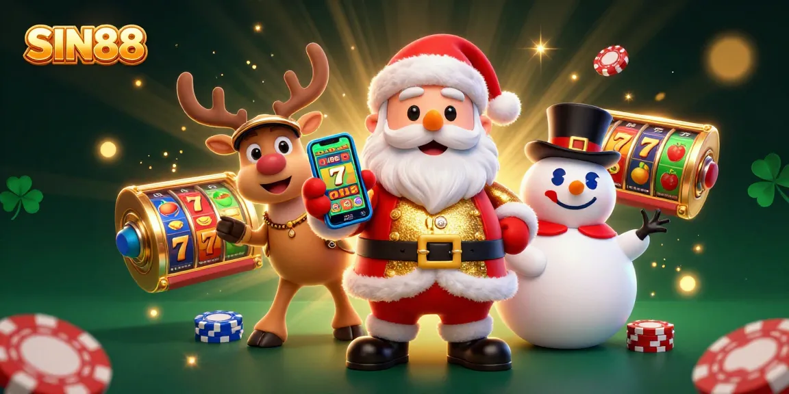 SIN88 showcases an exciting jackpot slots scene with festive characters, vibrant casino elements, and a thrilling atmosphere.
