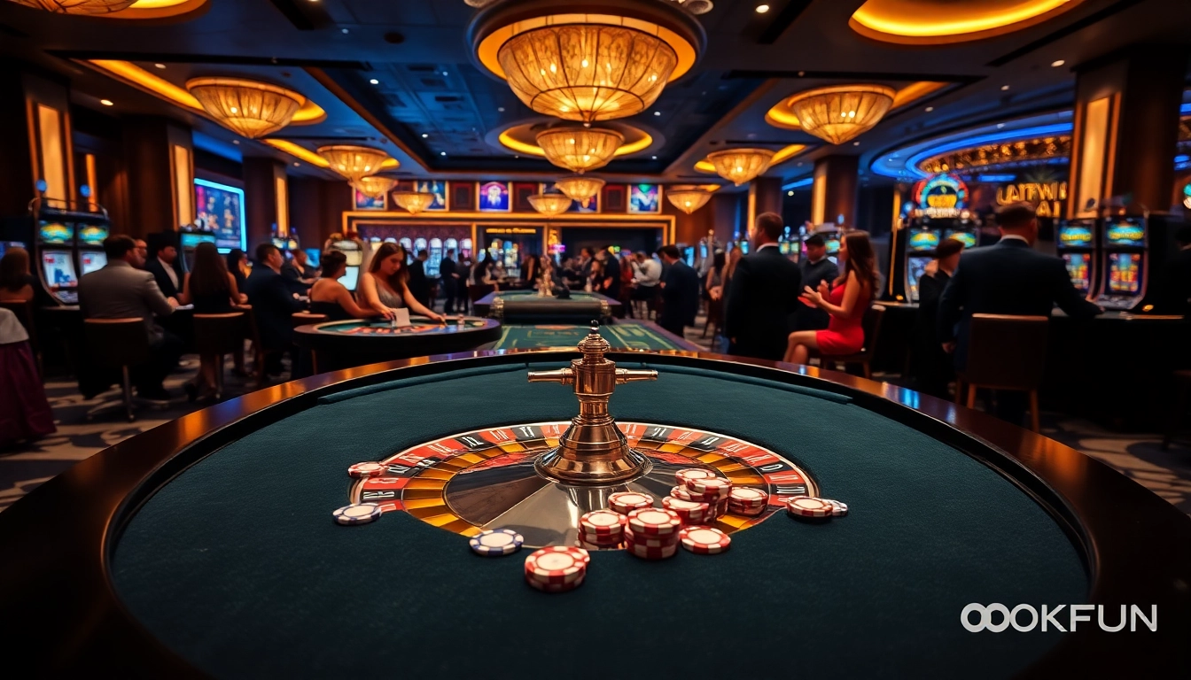 Gambling excitement at OKFUN casino with roulette and poker players enjoying luxurious gameplay.