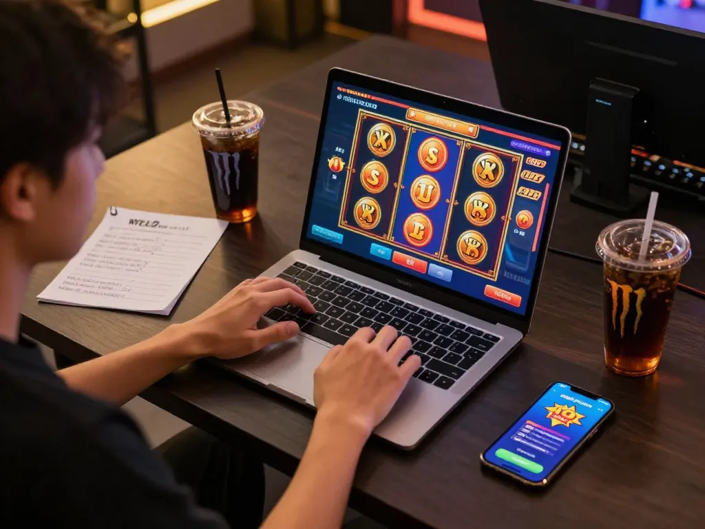 Orang yang berinteraksi dengan permainan slot interaktif di laptop yang menampilkan fitur situs slot gacor dalam pengaturan permainan modern.