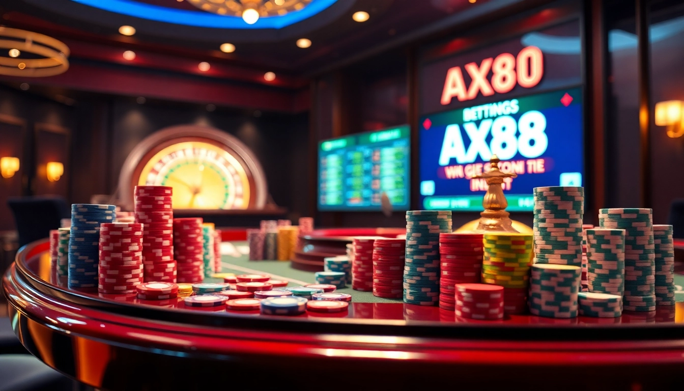 Gambling action at AX88 casino with vibrant chips and engaging players at the table.