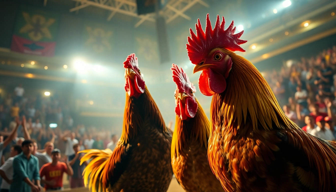 Exciting live cockfighting match at SV368, showcasing vibrant birds and enthusiastic spectators.