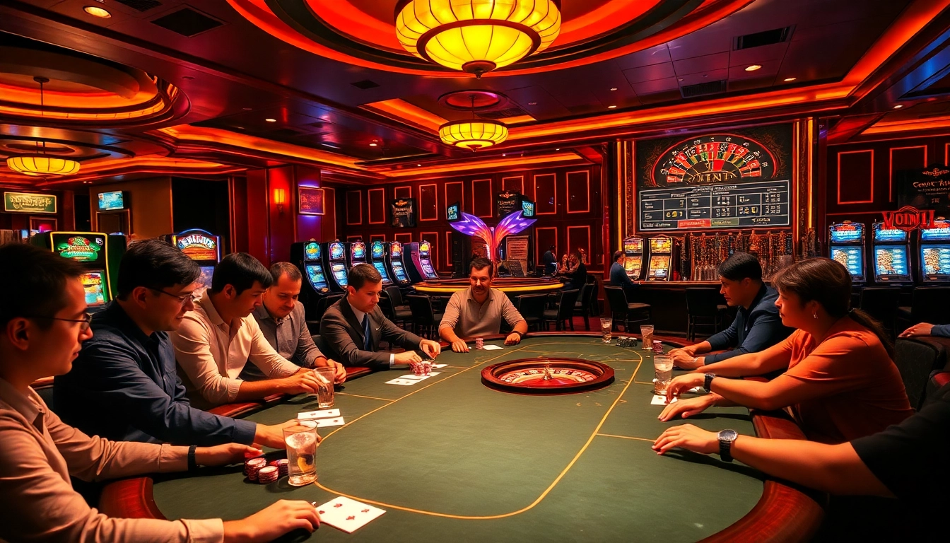 Experience high-stakes gameplay with vvjl 11 at a lively casino scene featuring poker and roulette.