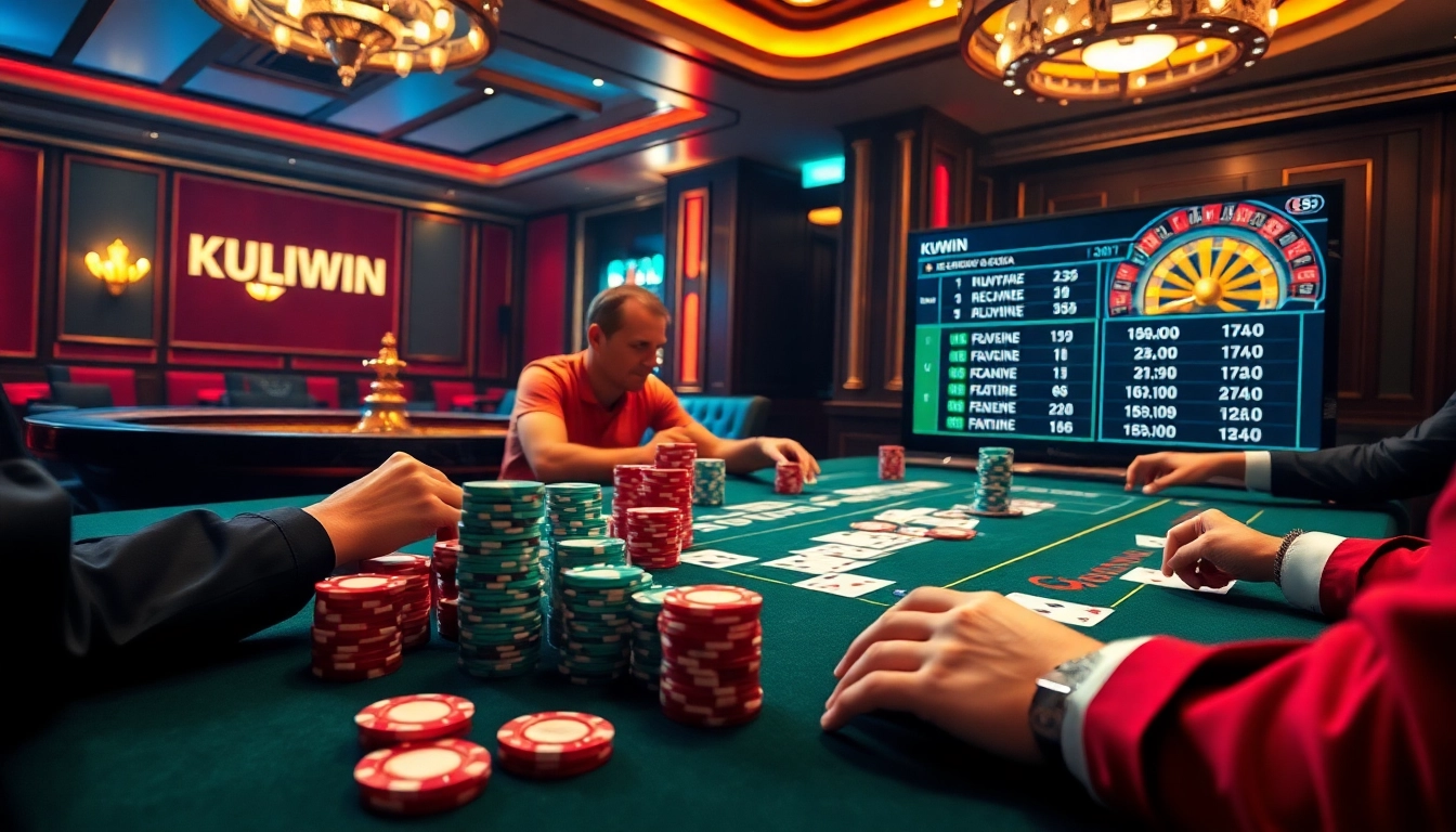 Players engaging in an exciting poker game at a luxury casino with KUWIN-themed betting odds.
