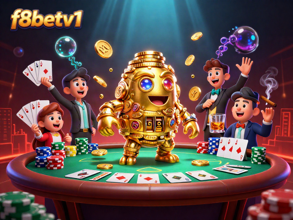 Experience excitement and rewards with f8betv1's energetic gambling scene featuring golden golems and poker elements.