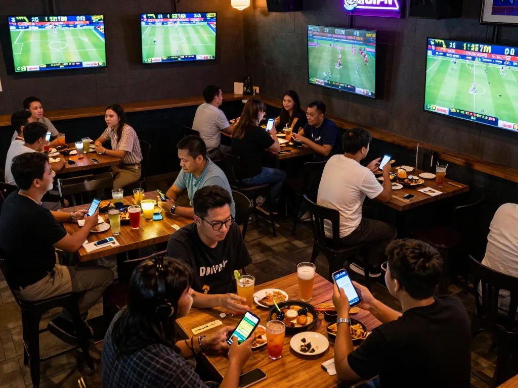 Fans check odds on the keonhacai app while enjoying sports betting at a lively bar.