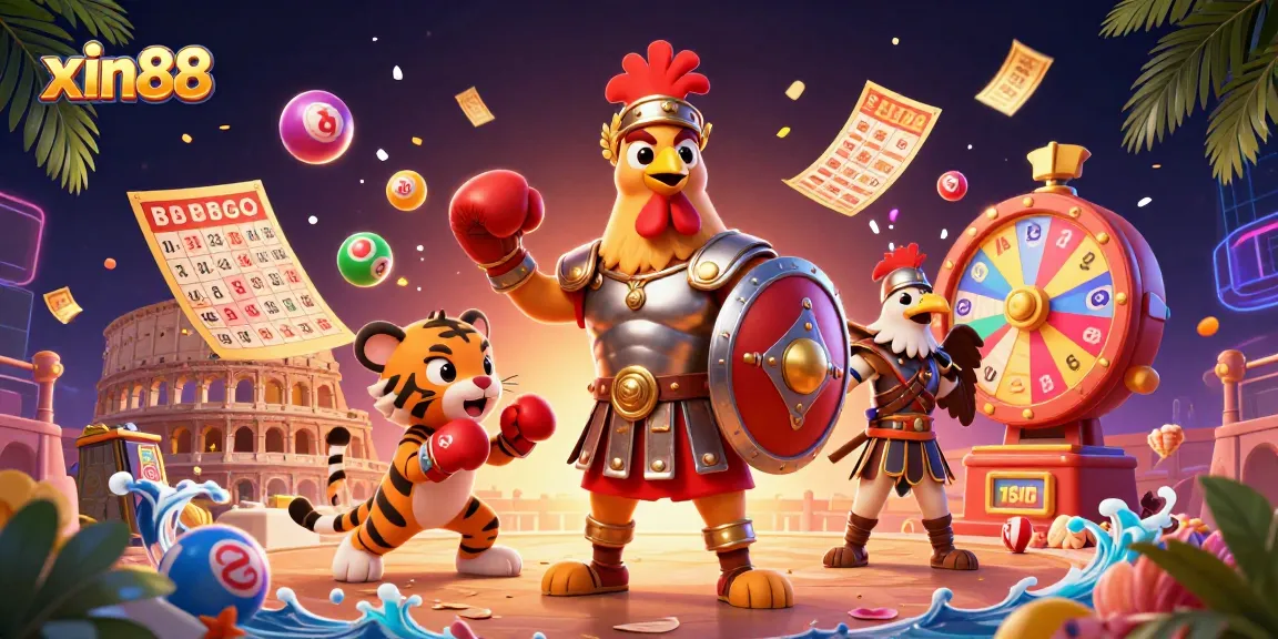 XIN88 features an exciting 3D illustration of a rooster warrior with gaming elements, showcasing fun casino entertainment.