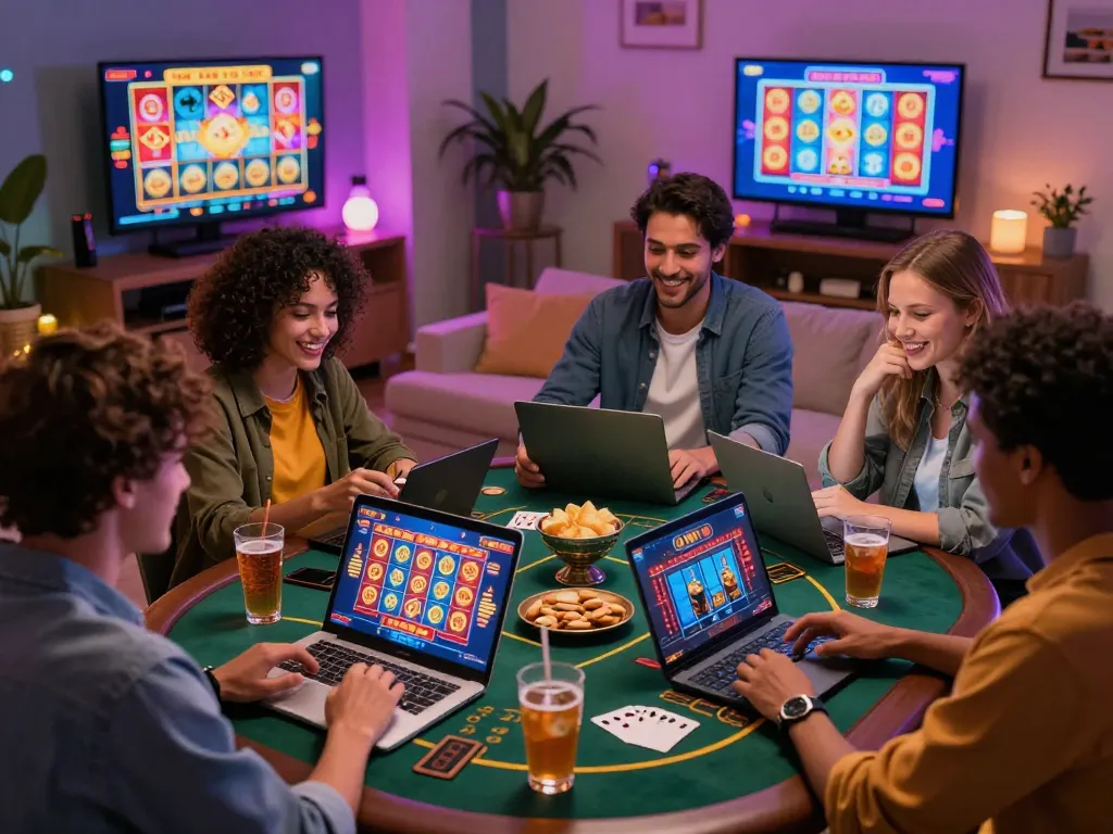 Friends enjoying a thrilling MM88 online casino gaming experience in an exciting living room setting.