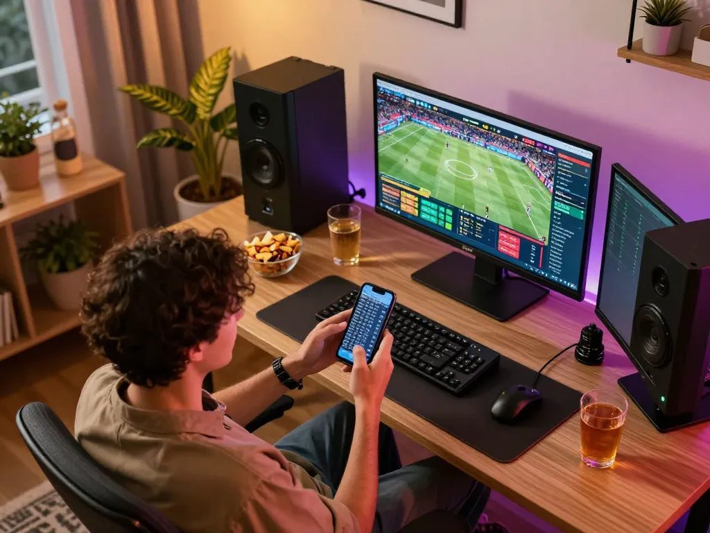 Engaging in online betting action on trang chủ nk88 with a smartphone while checking live sports odds at a stylish desk.