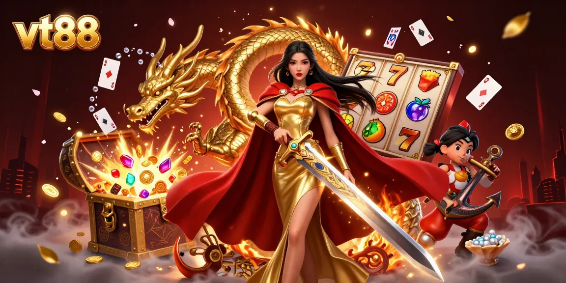 Experience excitement at vt88 with vibrant slot reels, treasure chests, and stunning characters.