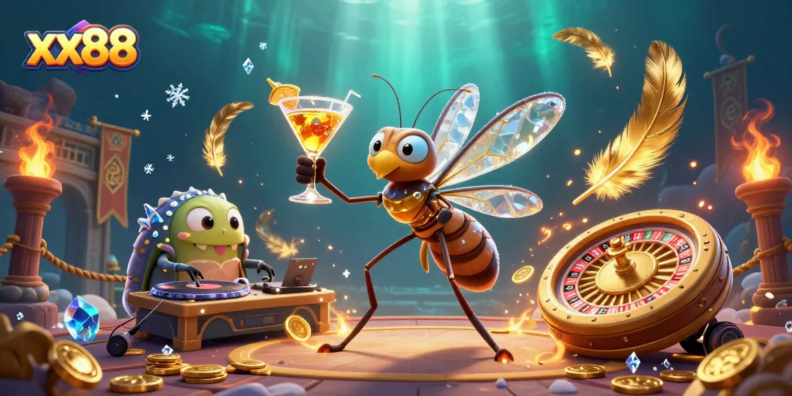 Spin and win at xx88 as a frozen mosquito mascot serves cocktails at a lively casino