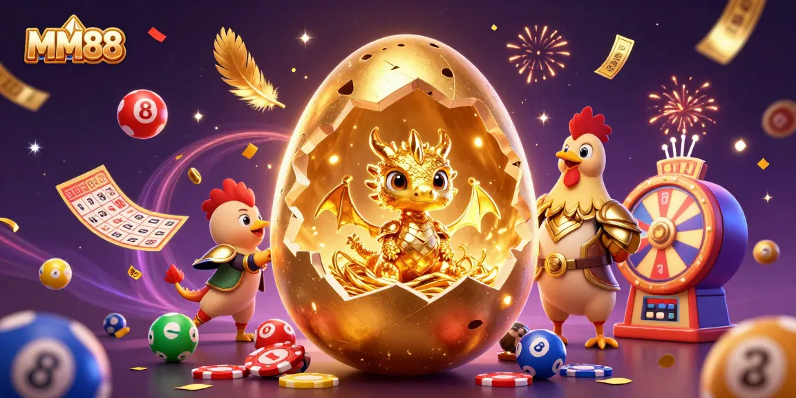 Experience MM88's golden dragon and poker chips amidst vibrant casino elements.