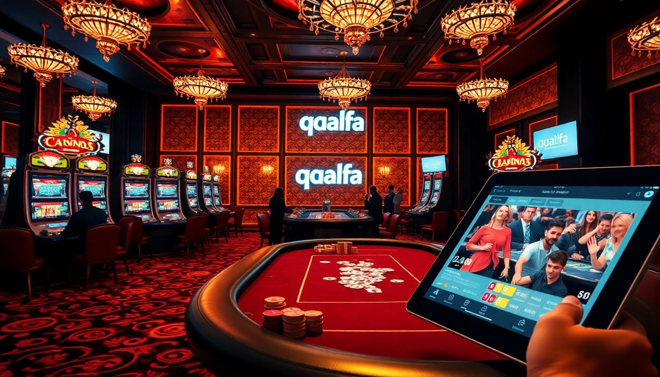 Experience thrilling gameplay at QQALFA's online casino, showcasing vibrant slot machines and poker excitement.