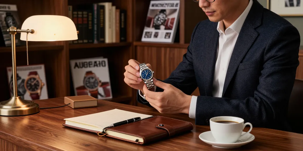 Close-up of a replica watch on a stylish desk, reflecting luxury and craftsmanship.