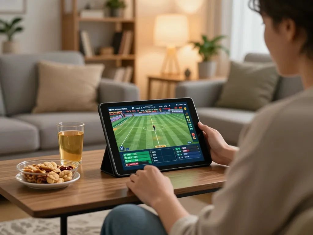 Engaged in one88 sports betting on a tablet in a cozy living room.